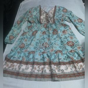 Floral Long-Sleeve Tiered Dress - Aqua and Brown